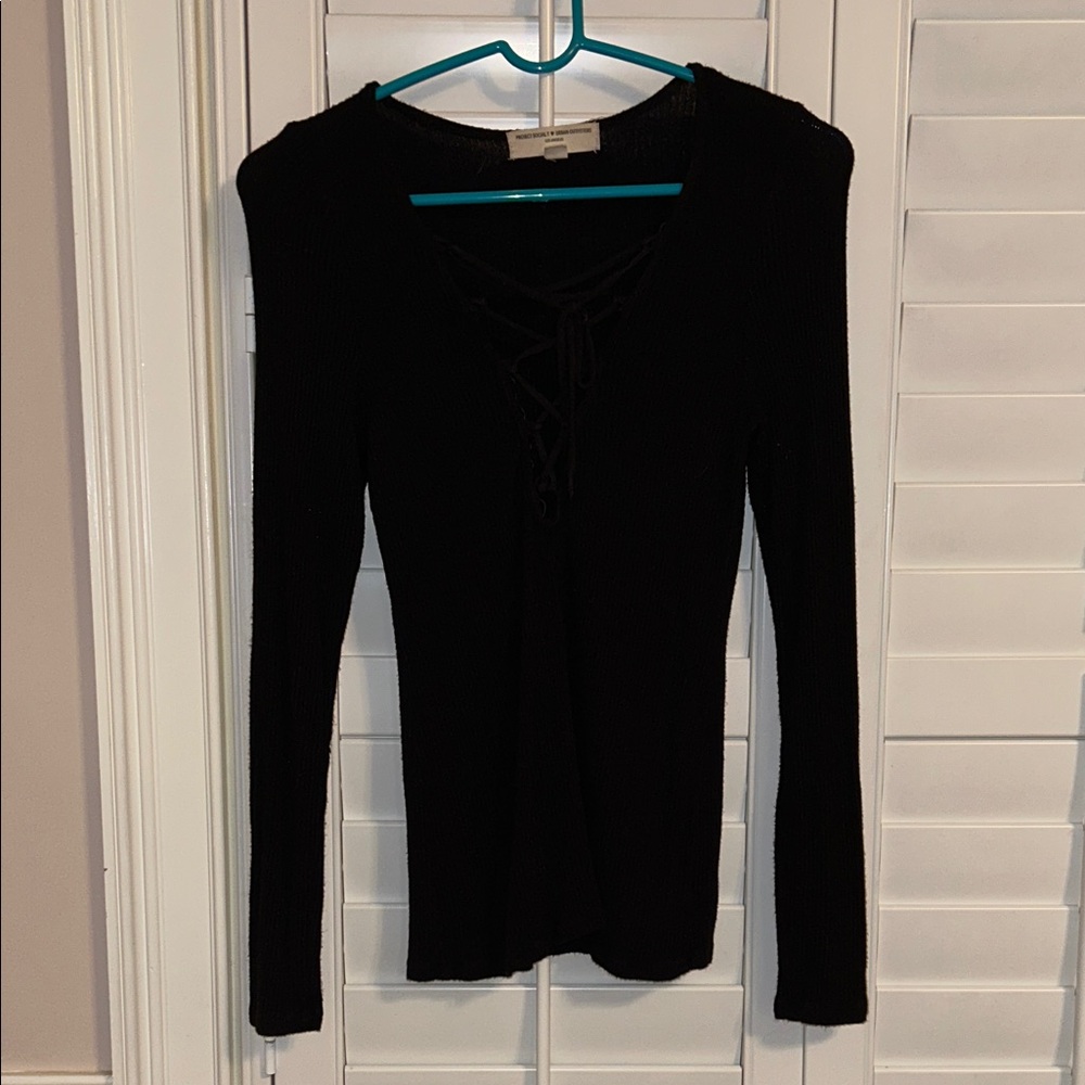 Project Social T Black Lace-Up Long Sleeve Top